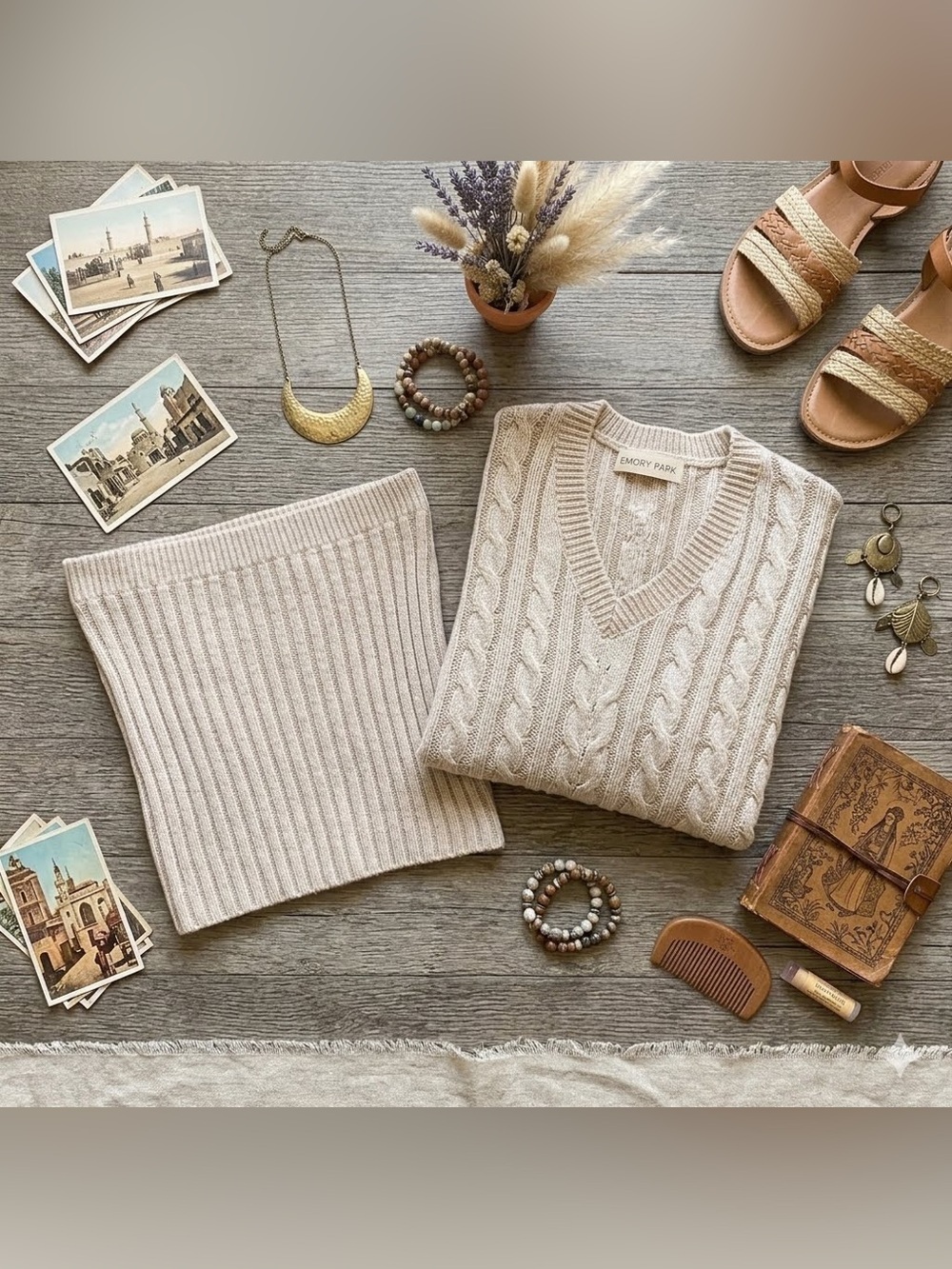 Emory Park Cream Cable Knit V-Neck Sweater